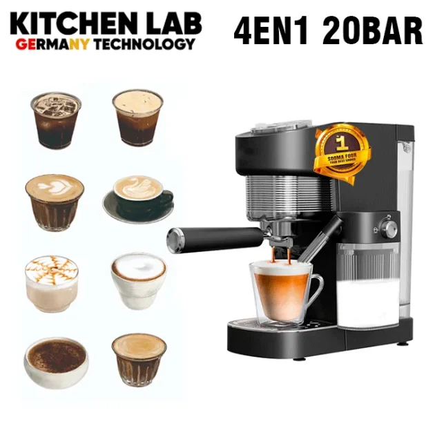 Cafetière 4en1 KitchenLab 20Bar 1.1L CM-002 Avec Réservoir de Lait Automatique