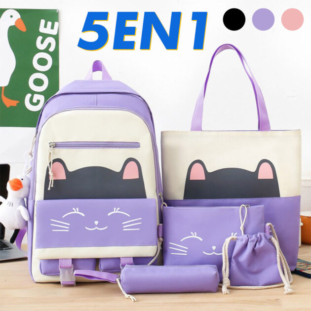 Sac À Dos Scolaire Cute Cat 5pcs en Tissu pour Adolescents Et Filles