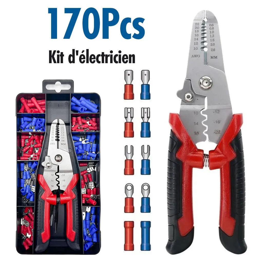 Coffret de sertissage 3en1 avec cosses 22-10 AWG – 170 pièces pour l’électricien