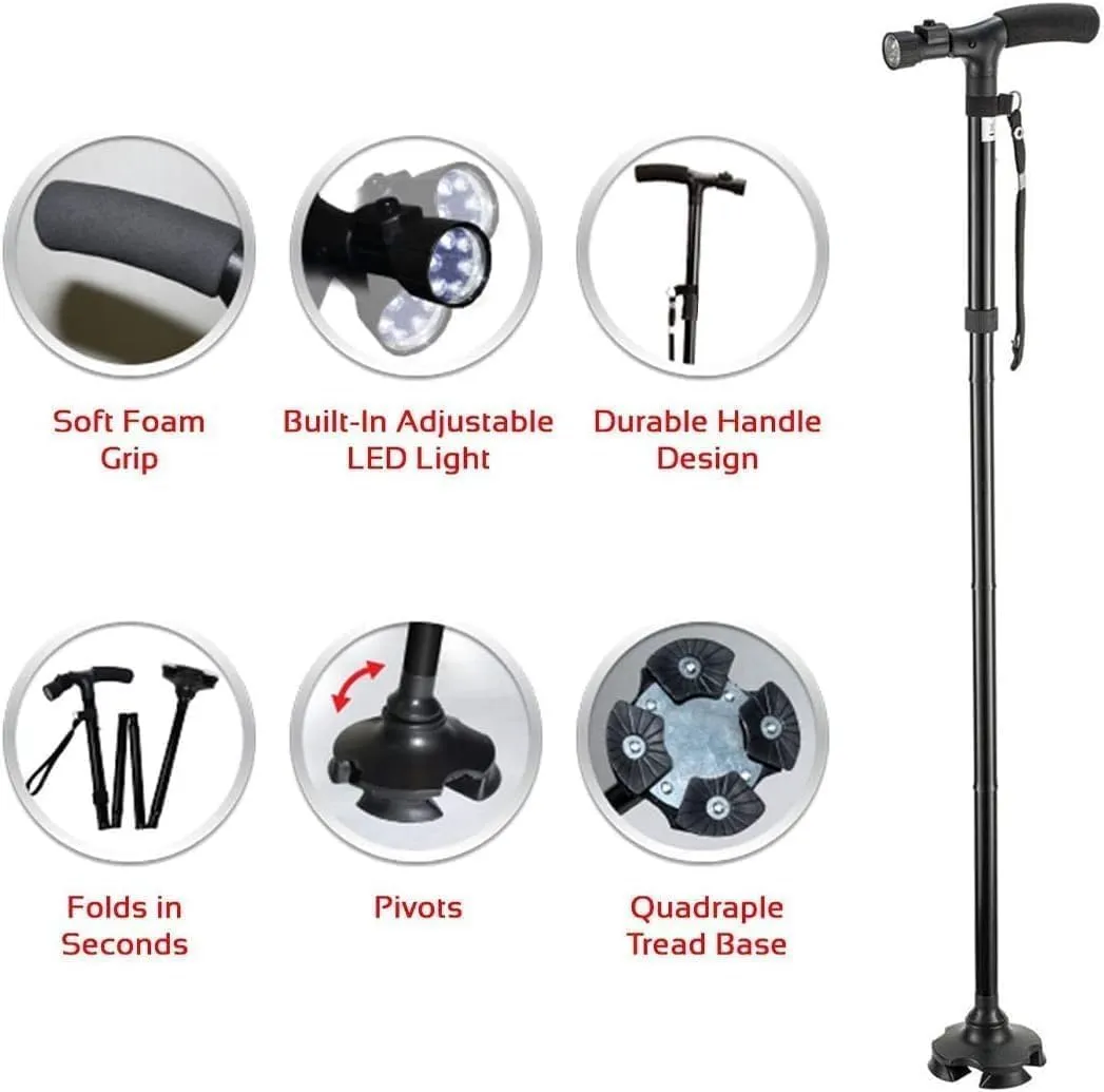 Canne de Marche Pliable avec Lampe LED Base Pivotante Quadruple Hauteur Réglable - عصا المشي القابلة للطي المزودة بإضاءة وقاعدة رباعية ثنائية التوازن - الصورة 2